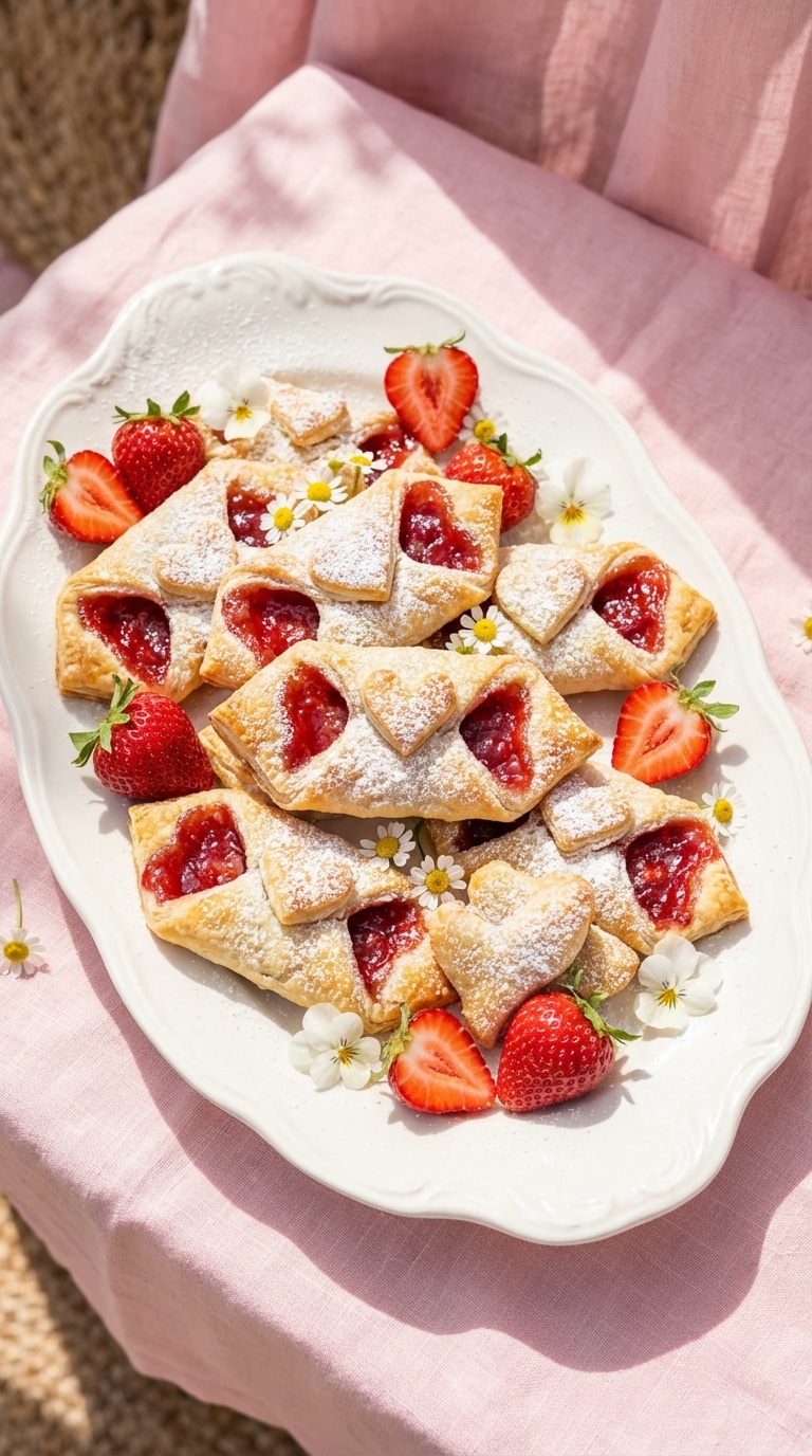 A top-down view of a platter piled with golden baked puff pastry envelopes filled with red jam and a dough heart in the center, dusted with powdered sugar.